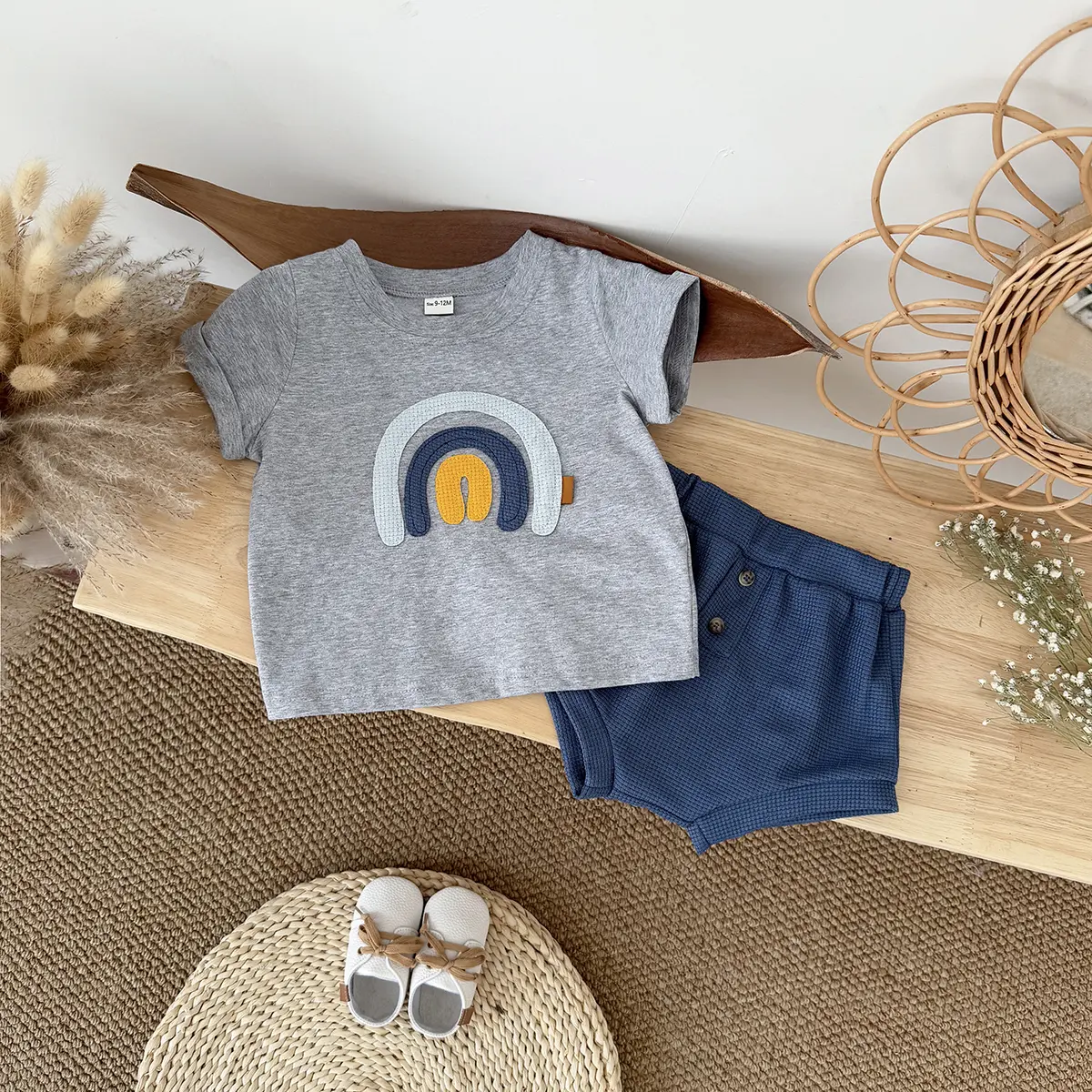 Summer 2025 6M-3Y New Short Sleeved T-shirt Set For Preschool Children  Rainbow Embroidered Cute Boys and Girls Set