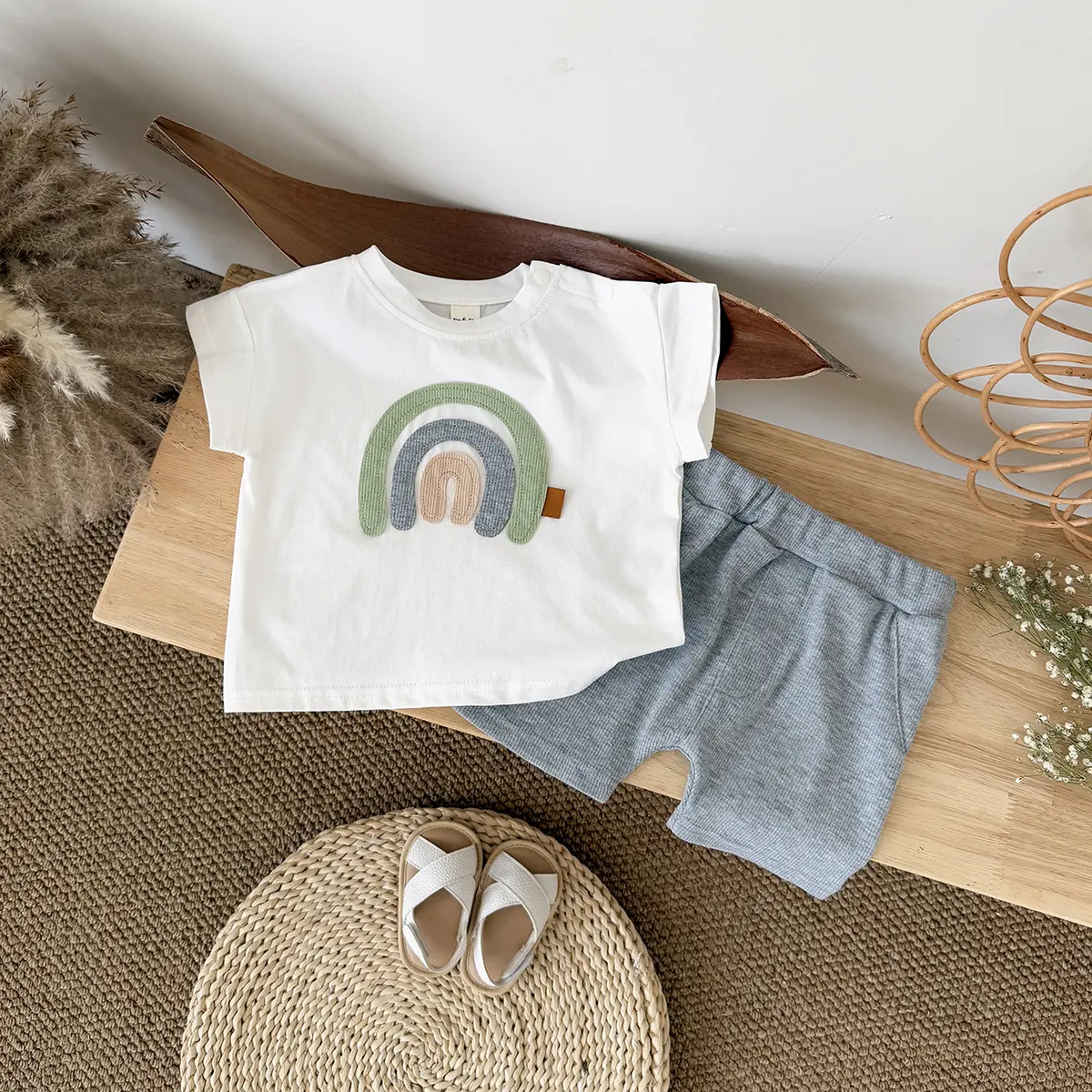 2Pcs Boy Summer Baby Clothes Sets Children Clothing Rainbow Embroidered T-shirt+Shorts Casual Toddler Outwear Outfit Summer
