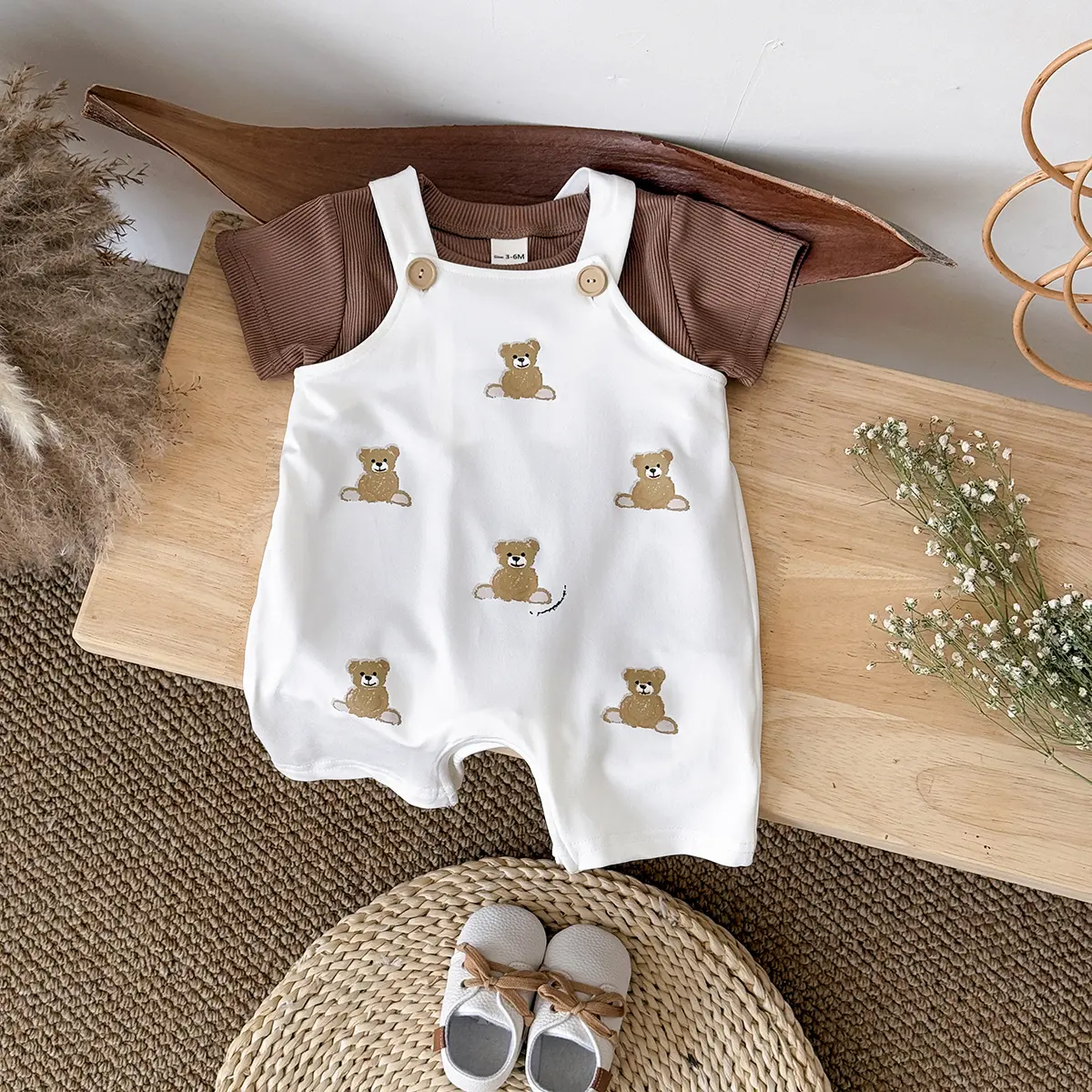 INS Summer Baby Girls Clothes Bear Patchwork Romper Baby Boys Bodysuit Clothes+White T-shirt Newborn 0 to 18 months 2Pcs/Set