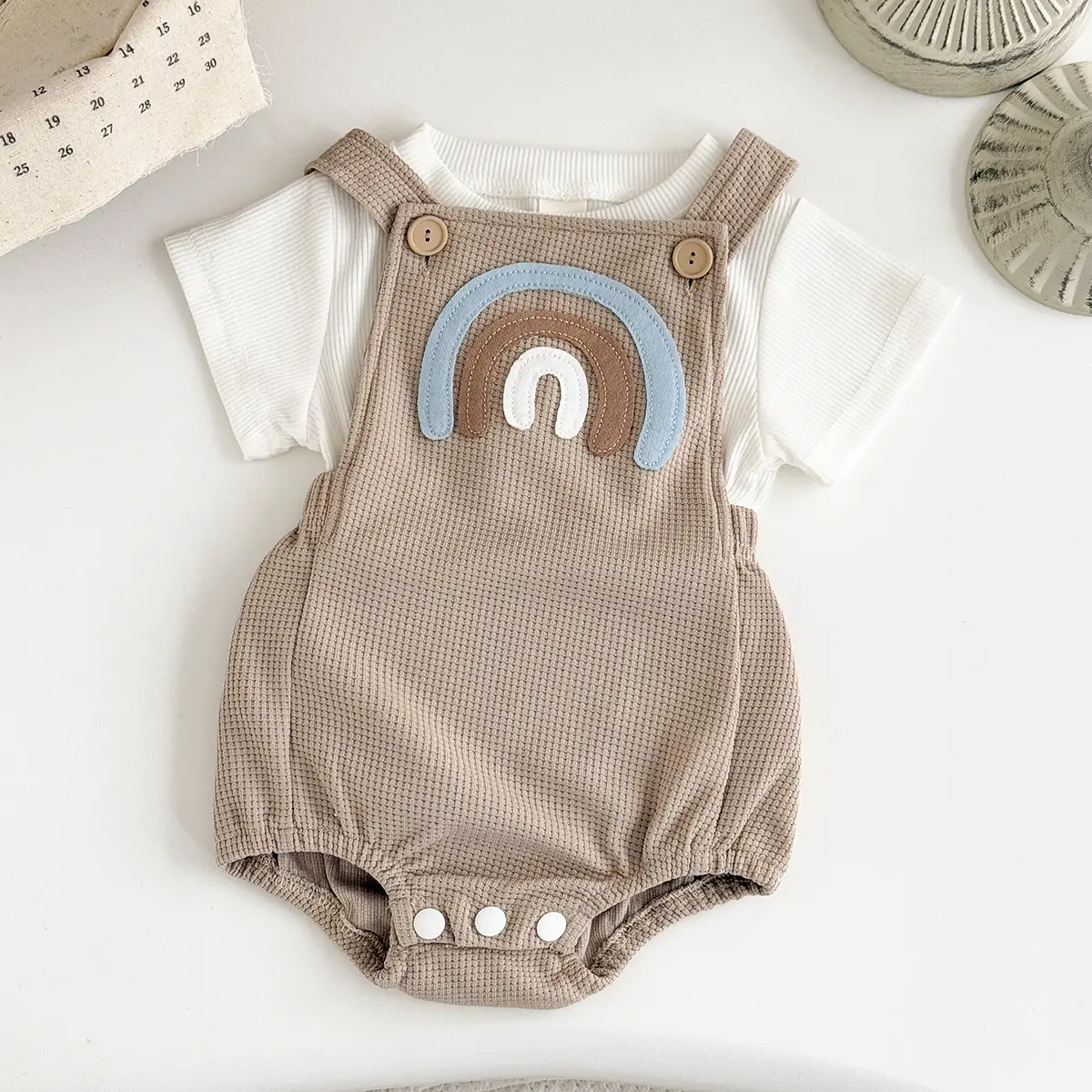 INS Summer Baby Girls Clothes Rainbow Patchwork Romper Baby Boys Bodysuit Clothes+White T-shirt Newborn 0 to 18 months 2Pcs/Set