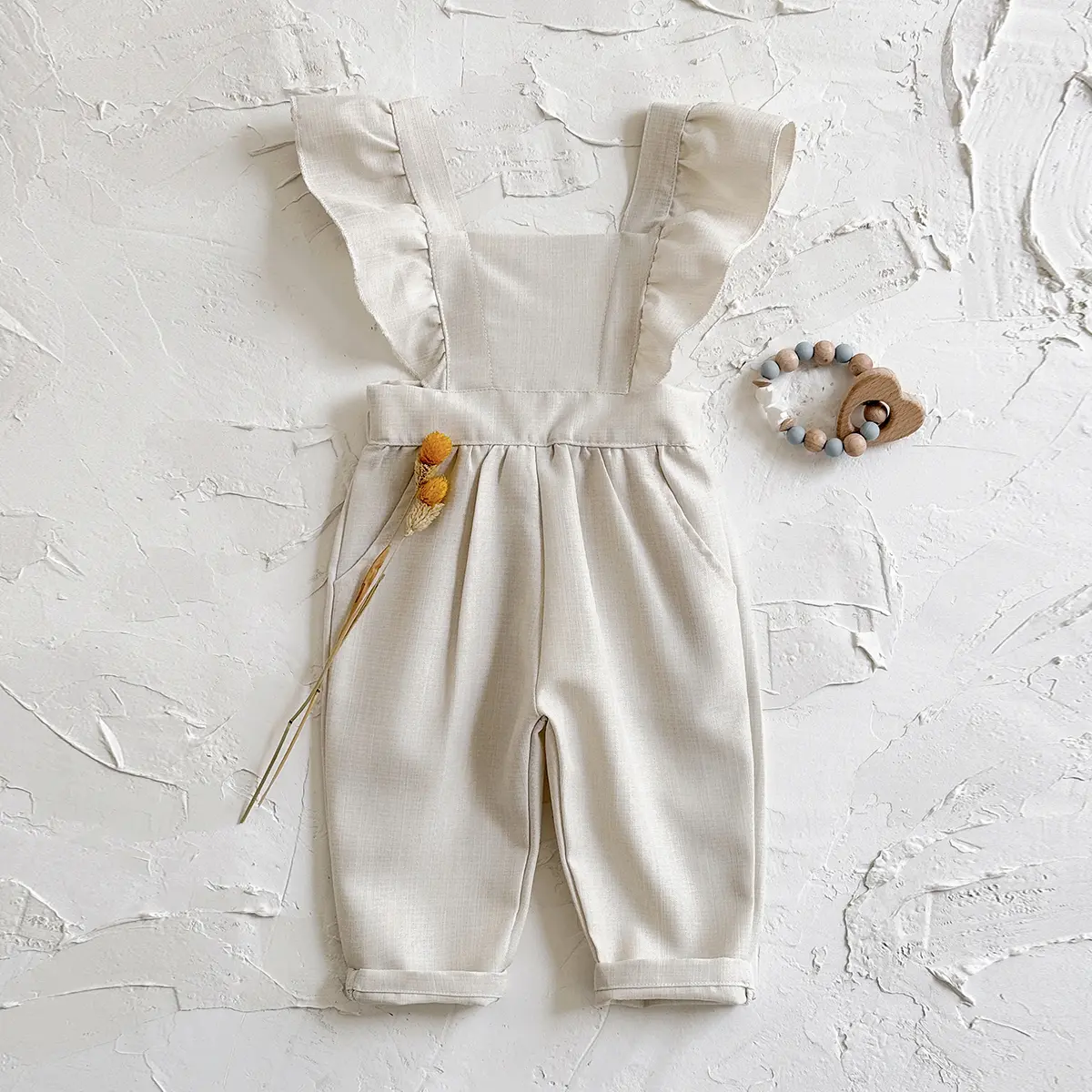 Summer baby clothing ruffled edges beige shoulder straps long pants comfortable casual clothing infants children going out