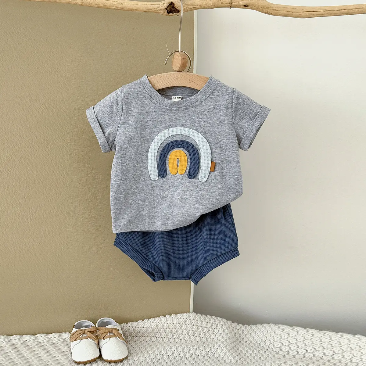 Summer 2025 6M-3Y New Short Sleeved T-shirt Set For Preschool Children  Rainbow Embroidered Cute Boys and Girls Set