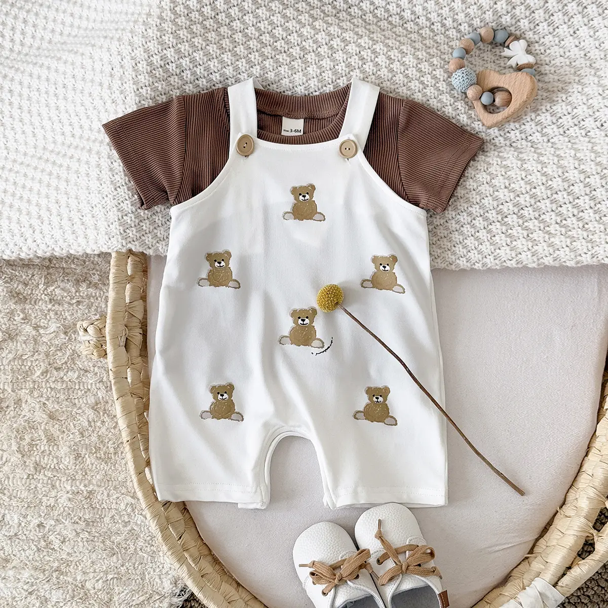 INS Summer Baby Girls Clothes Bear Patchwork Romper Baby Boys Bodysuit Clothes+White T-shirt Newborn 0 to 18 months 2Pcs/Set