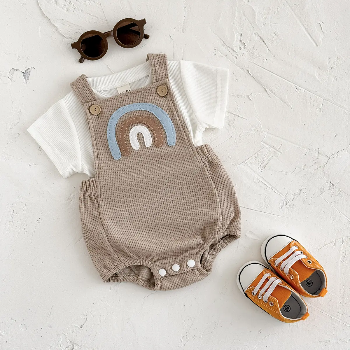 INS Summer Baby Girls Clothes Rainbow Patchwork Romper Baby Boys Bodysuit Clothes+White T-shirt Newborn 0 to 18 months 2Pcs/Set