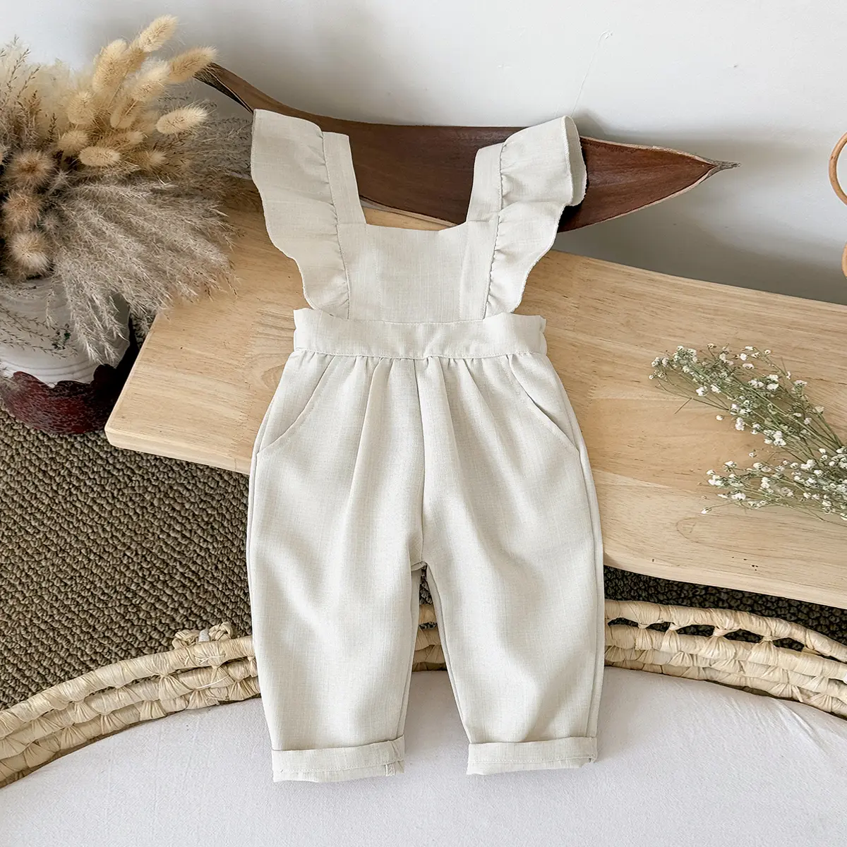 Summer baby clothing ruffled edges beige shoulder straps long pants comfortable casual clothing infants children going out
