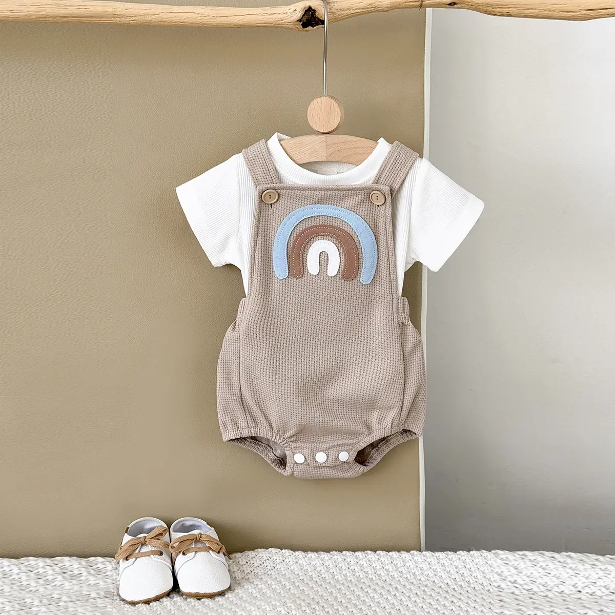 INS Summer Baby Girls Clothes Rainbow Patchwork Romper Baby Boys Bodysuit Clothes+White T-shirt Newborn 0 to 18 months 2Pcs/Set