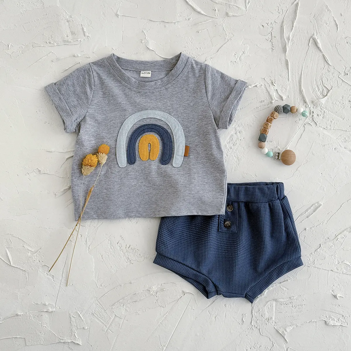 Summer 2025 6M-3Y New Short Sleeved T-shirt Set For Preschool Children  Rainbow Embroidered Cute Boys and Girls Set