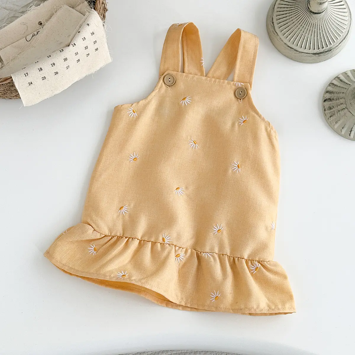 2025 New Baby Girls Clothing Infants Young Children's Summer Solid Color Floral Embroidery Princess Strap Dress Hot Selling Item