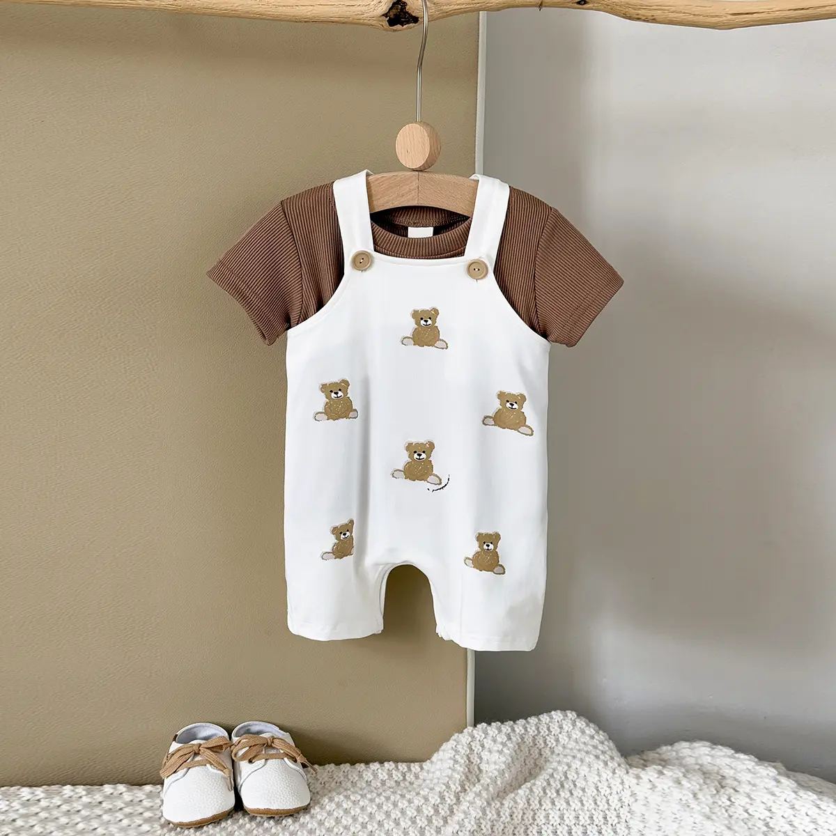 INS Summer Baby Girls Clothes Bear Patchwork Romper Baby Boys Bodysuit Clothes+White T-shirt Newborn 0 to 18 months 2Pcs/Set