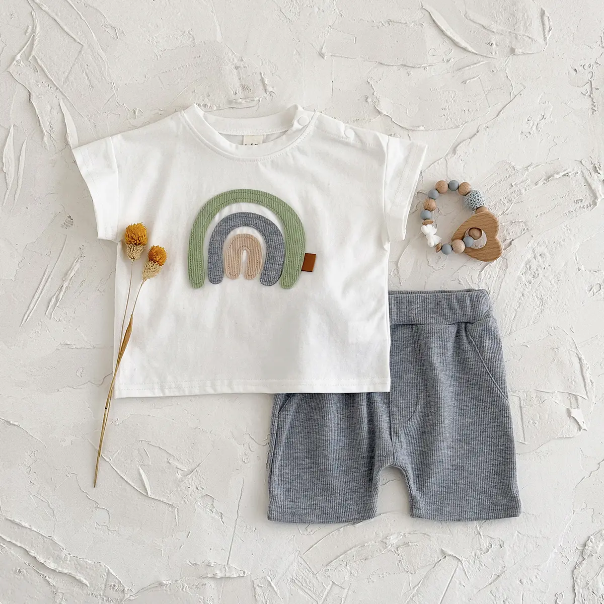 2Pcs Boy Summer Baby Clothes Sets Children Clothing Rainbow Embroidered T-shirt+Shorts Casual Toddler Outwear Outfit Summer