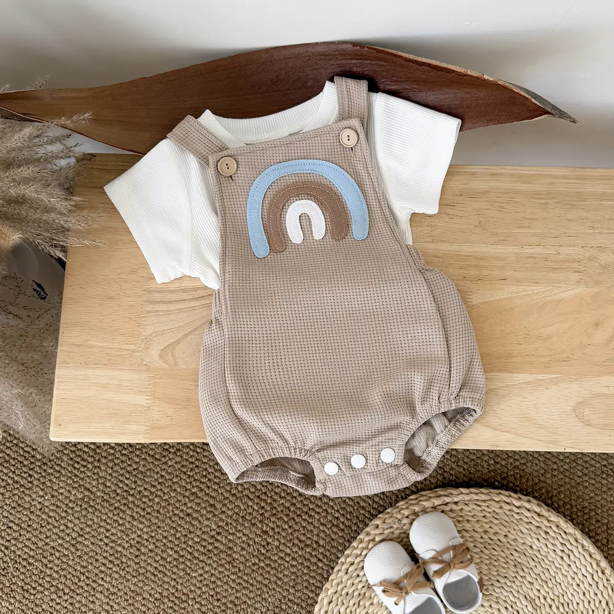 INS Summer Baby Girls Clothes Rainbow Patchwork Romper Baby Boys Bodysuit Clothes+White T-shirt Newborn 0 to 18 months 2Pcs/Set