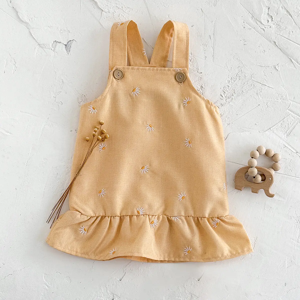 2025 New Baby Girls Clothing Infants Young Children's Summer Solid Color Floral Embroidery Princess Strap Dress Hot Selling Item