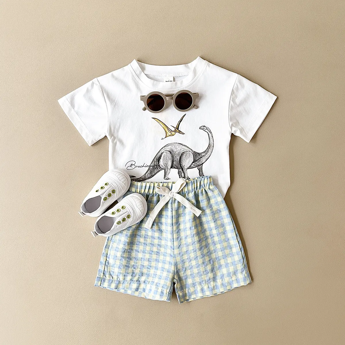 2024 Newborn Baby Boys Clothes Set Casual Dinosaur Printed Short Sleeved T-shirt+Checkered Shorts Girls Summer Children Set 0-3Y