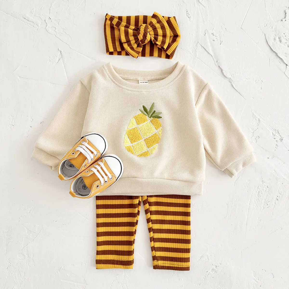 3PCS Children's Clothing Boy Autumn Baby Outfit Set Gir Suit Fruit Embroidery Tops+Pants Pure Cotton Striped Soft+Baby Hair Band