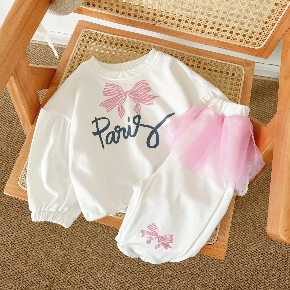 Girl Baby Clothing New 2PCS Spring Autumn Cotton Top+Pants Long Sleeved Letter Bow Printed Cartoon Pullover Casual Set Outdoors