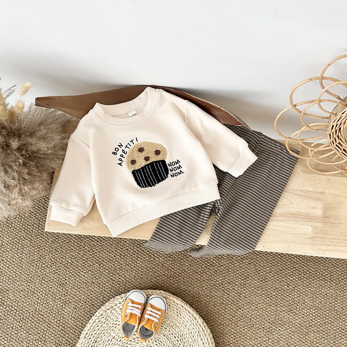 Ins Fall Baby Boy Sets Thick Cute Popcorn Embroidery Pullover Toddler Outfits Long Sleeve Fashion 2pcs Kids Girls Clothes Set