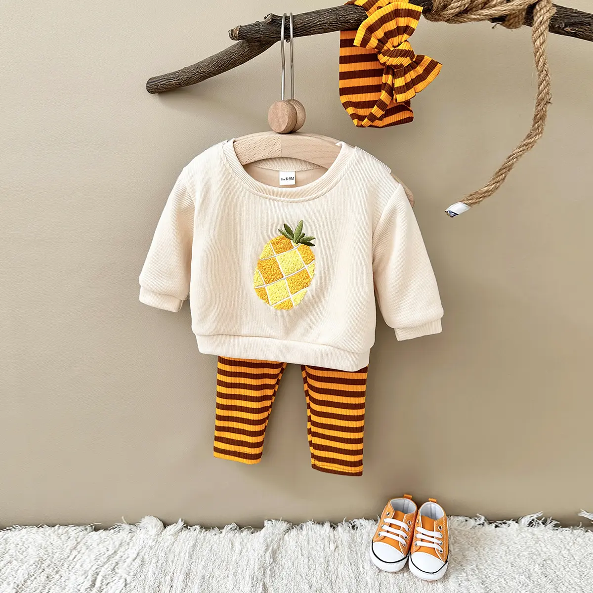 3PCS Children's Clothing Boy Autumn Baby Outfit Set Gir Suit Fruit Embroidery Tops+Pants Pure Cotton Striped Soft+Baby Hair Band