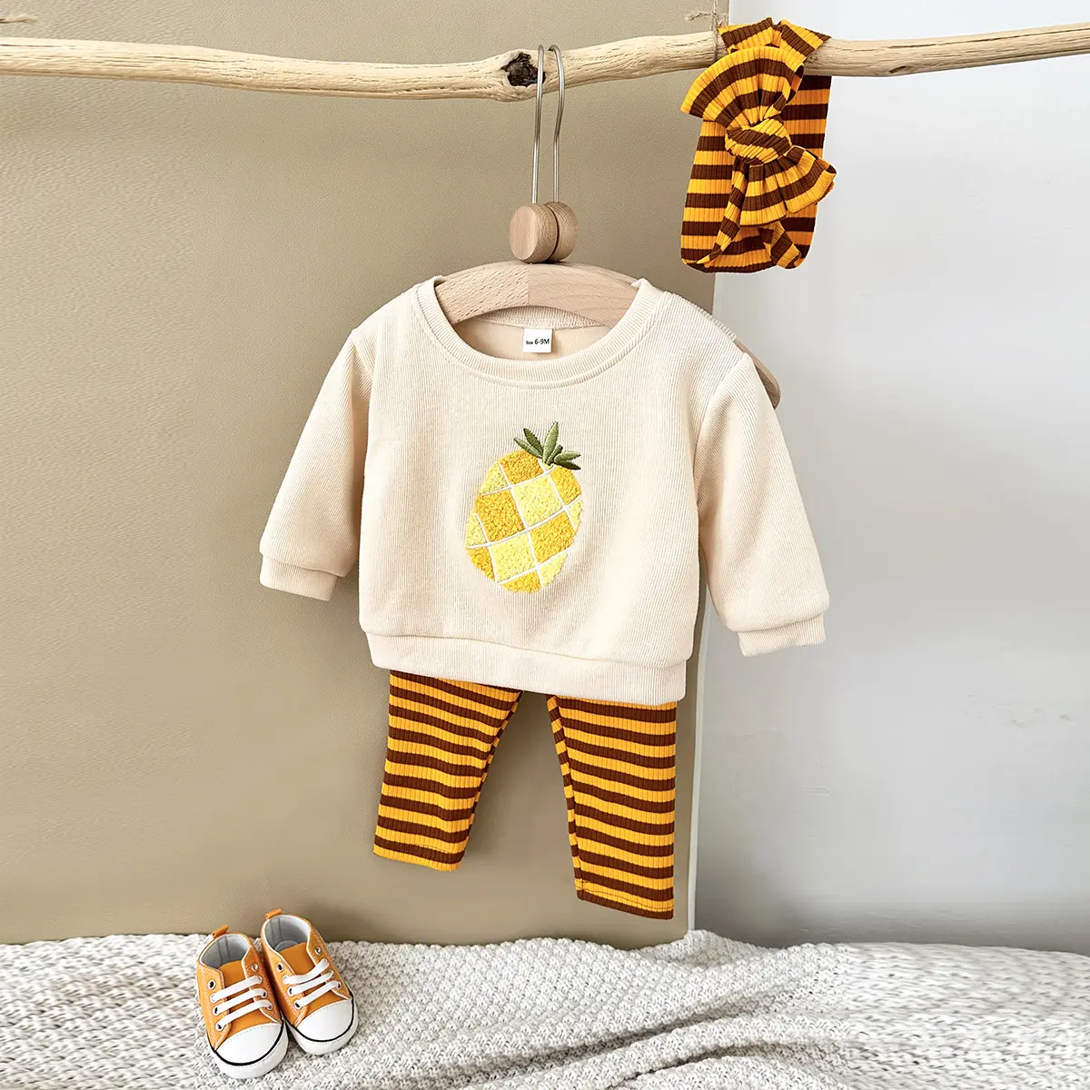 3PCS Children's Clothing Boy Autumn Baby Outfit Set Gir Suit Fruit Embroidery Tops+Pants Pure Cotton Striped Soft+Baby Hair Band