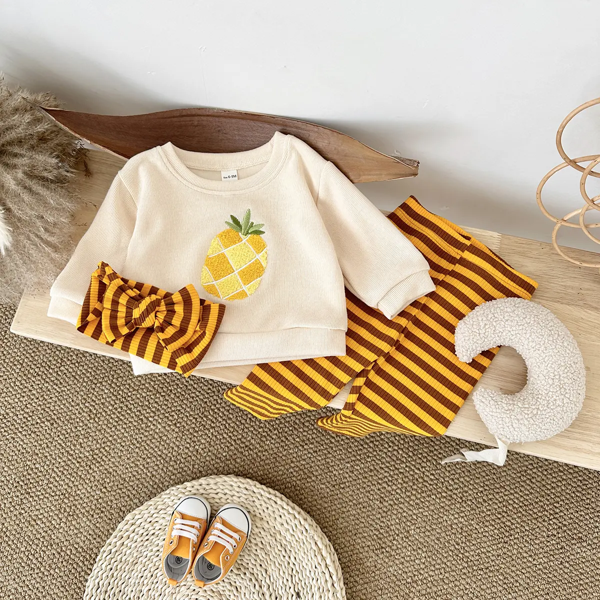 3PCS Children's Clothing Boy Autumn Baby Outfit Set Gir Suit Fruit Embroidery Tops+Pants Pure Cotton Striped Soft+Baby Hair Band