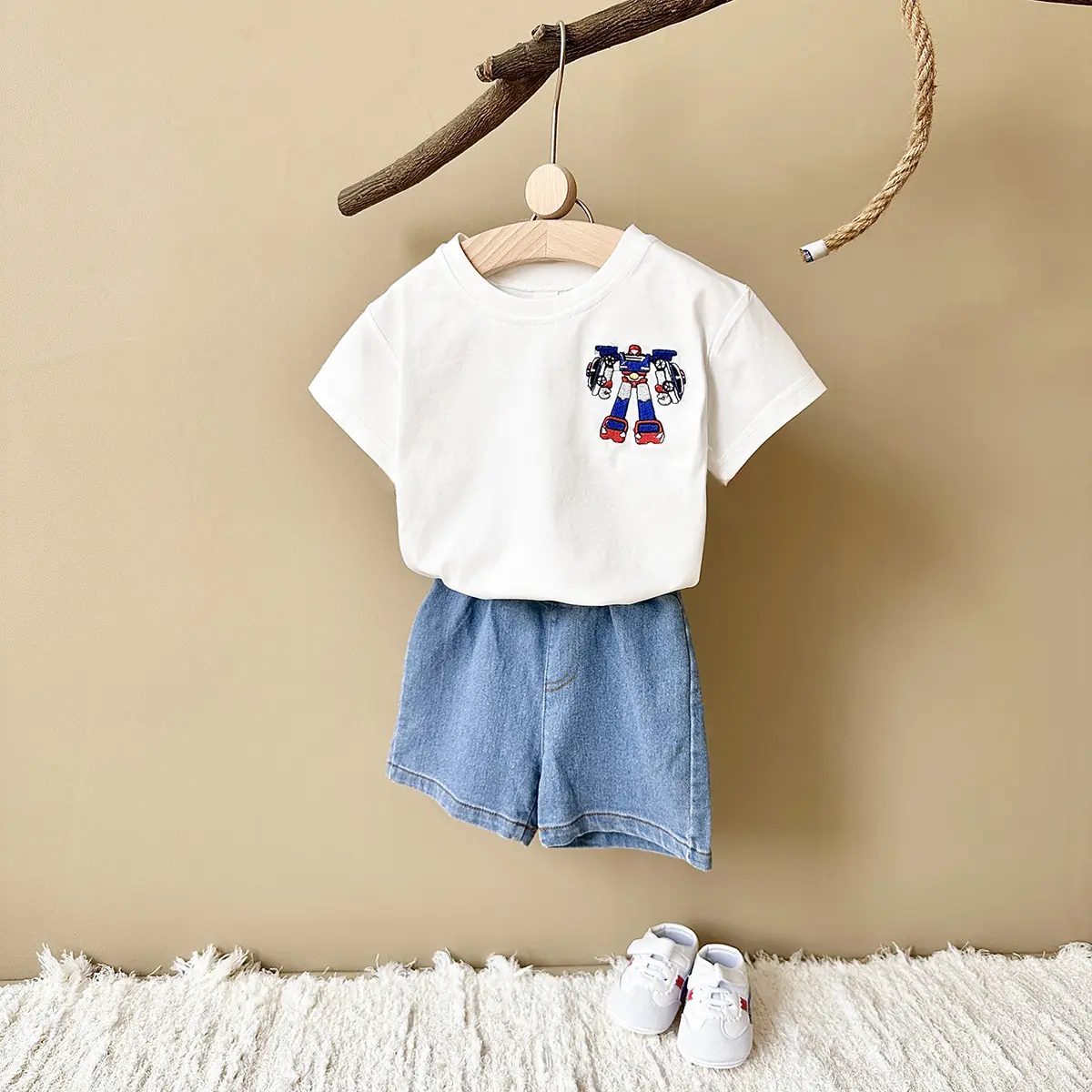 2024 New 2Pcs Baby Boys Clothes Set Robot Embroidery Short Sleeved T-shirt+denim Shorts Girls Suit Summer for 0-3Y Childrens