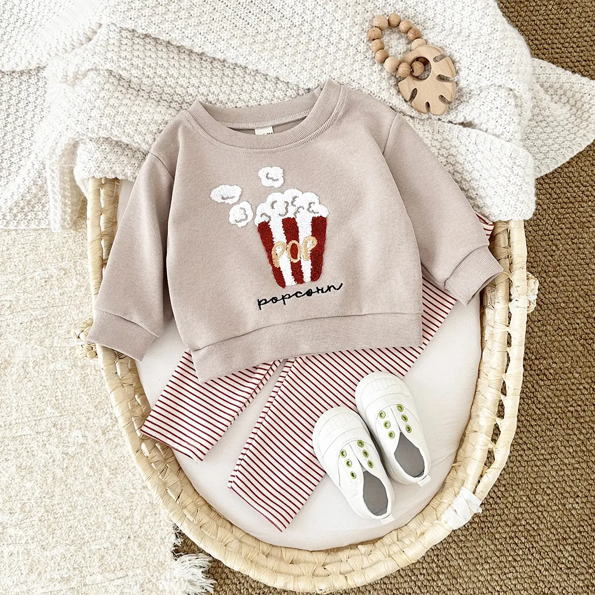Ins Fall Baby Boy Sets Thick Cute Popcorn Embroidery Pullover Toddler Outfits Long Sleeve Fashion 2pcs Kids Girls Clothes Set