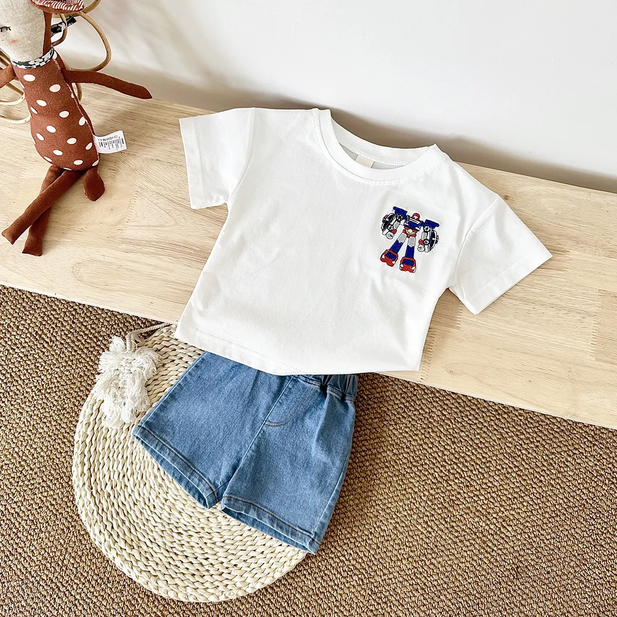 2024 New 2Pcs Baby Boys Clothes Set Robot Embroidery Short Sleeved T-shirt+denim Shorts Girls Suit Summer for 0-3Y Childrens
