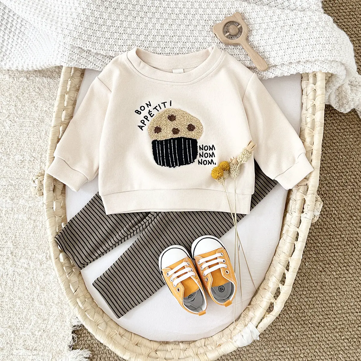 Ins Fall Baby Boy Sets Thick Cute Popcorn Embroidery Pullover Toddler Outfits Long Sleeve Fashion 2pcs Kids Girls Clothes Set