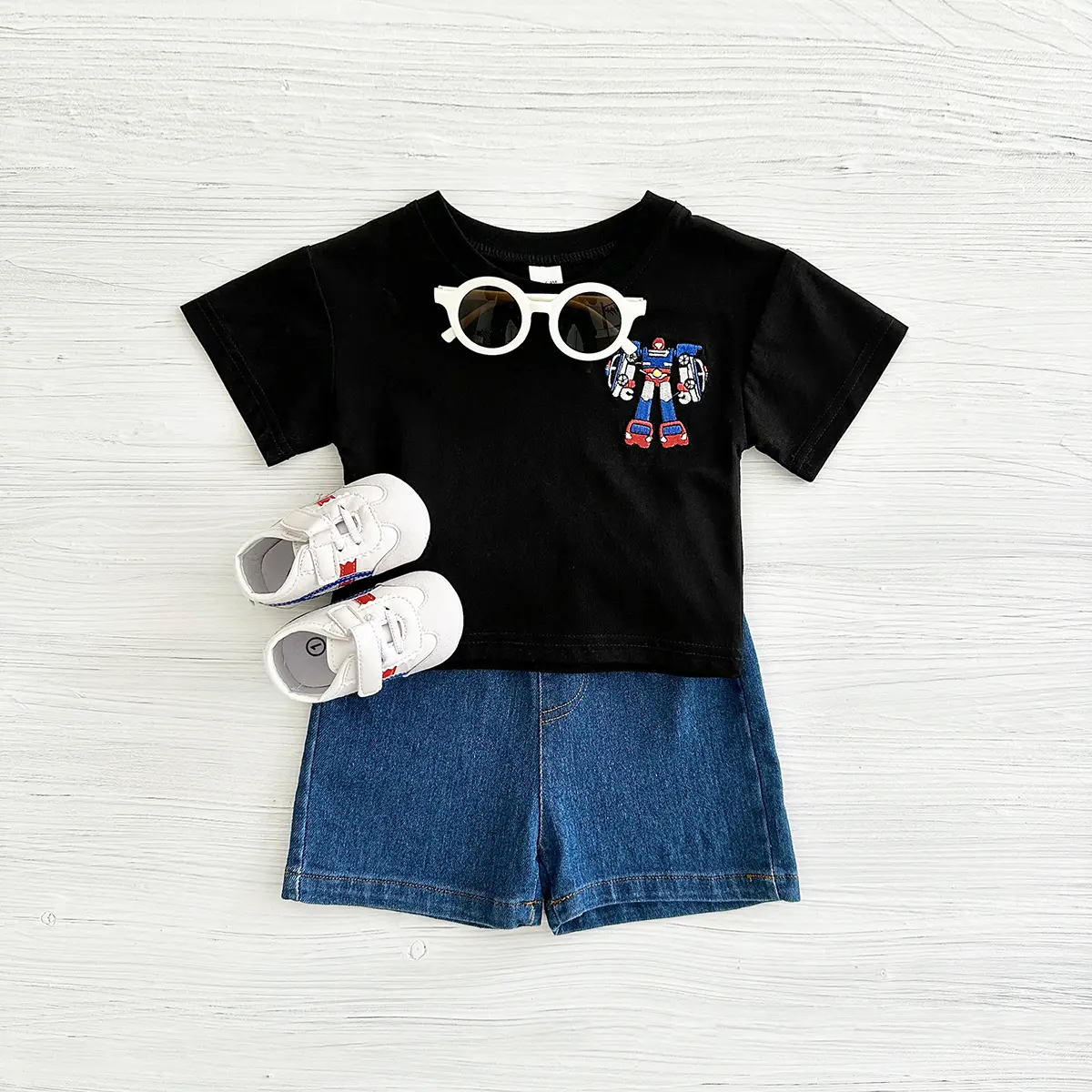 2024 New 2Pcs Baby Boys Clothes Set Robot Embroidery Short Sleeved T-shirt+denim Shorts Girls Suit Summer for 0-3Y Childrens
