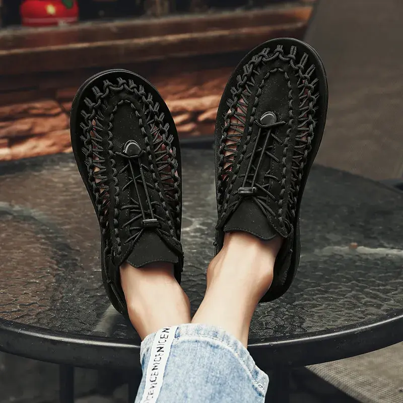 Summer Men Sandals Women Slippers Weaving Design Beach Sandals Breathable Casual Flat Sandals Outdoor Couples Sandals Size 48