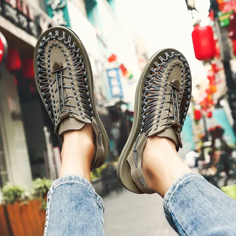 Summer Men Sandals Women Slippers Weaving Design Beach Sandals Breathable Casual Flat Sandals Outdoor Couples Sandals Size 48