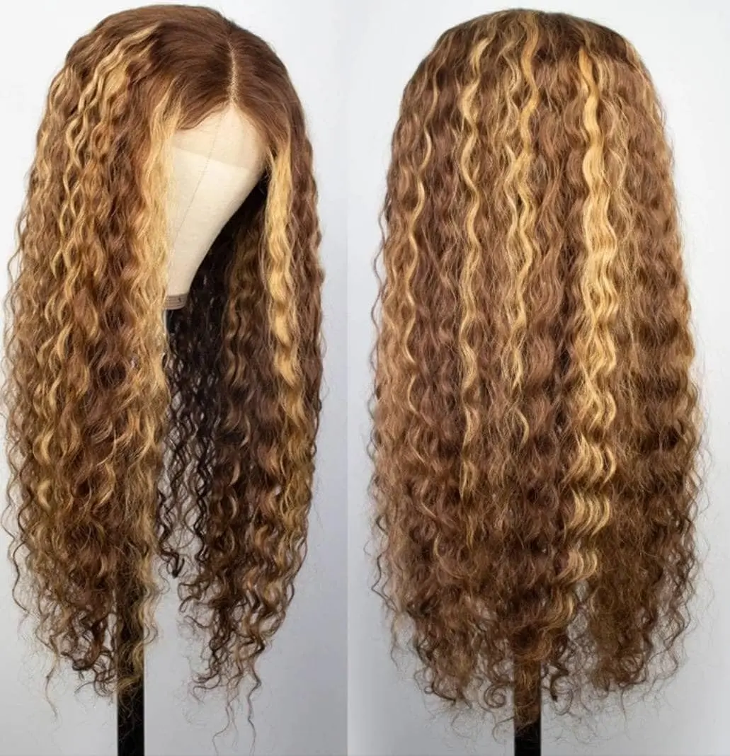 26inch Glueless Deep Wave 4/27 Highlight Transparent Lace Front Wigs Human Hair Wet and Wavy Curly Lace Frontal Wigs Pre Plucked