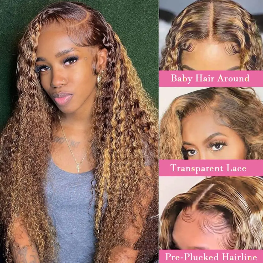 26inch Glueless Deep Wave 4/27 Highlight Transparent Lace Front Wigs Human Hair Wet and Wavy Curly Lace Frontal Wigs Pre Plucked