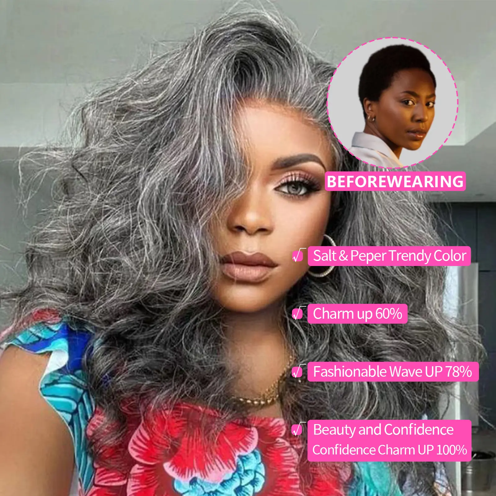 Salt and Pepper WigsGrey bob loose wave wigs Human Hair 6x6 Lace Front Wigs Human Hair Glueless Wigs Brazilian Virgin 14 inch
