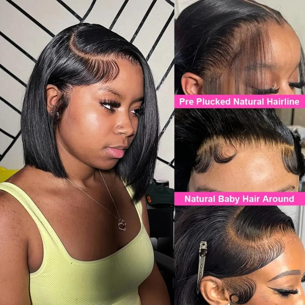 Natural Black Short Straight Bob Wigs Human Hair 180 Density HD Lace Front Wigs Bob Wigs Frontal Transparent Lace Pre Plucked
