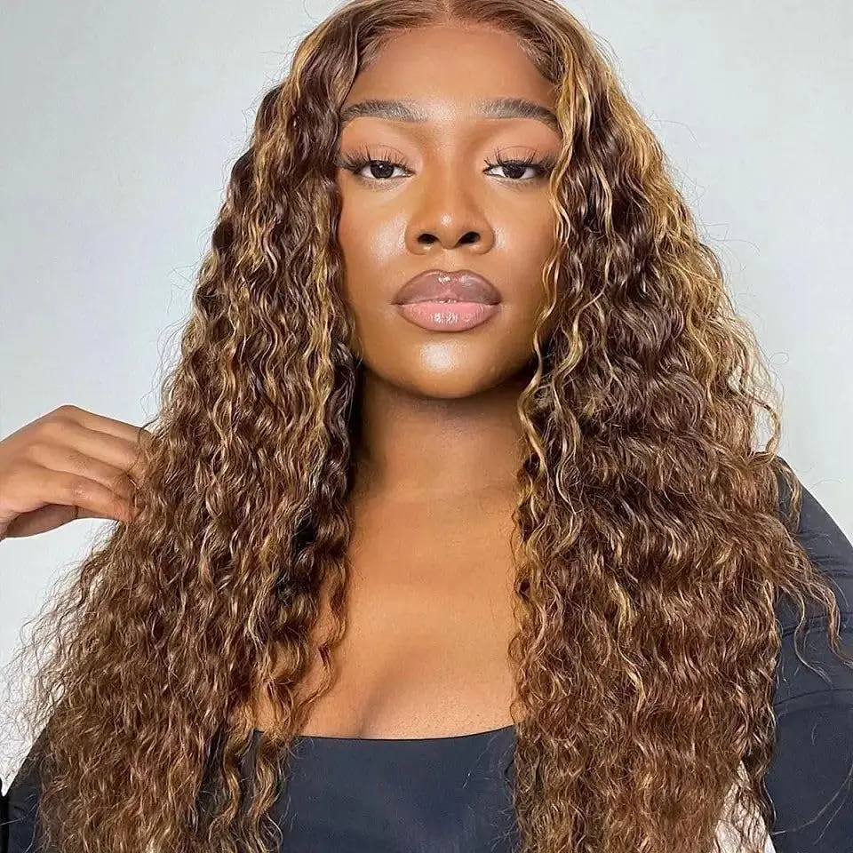 26inch Glueless Deep Wave 4/27 Highlight Transparent Lace Front Wigs Human Hair Wet and Wavy Curly Lace Frontal Wigs Pre Plucked