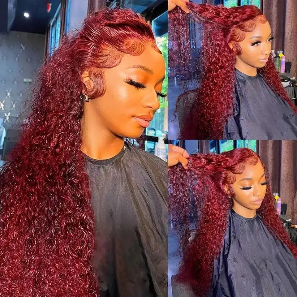 220 Density 99j Burgundy 30 40 Inch HD 13x6 Transparent Lace Front Wigs Colored Human Hair Preplucked Deep Wave Lace Frontal Wig