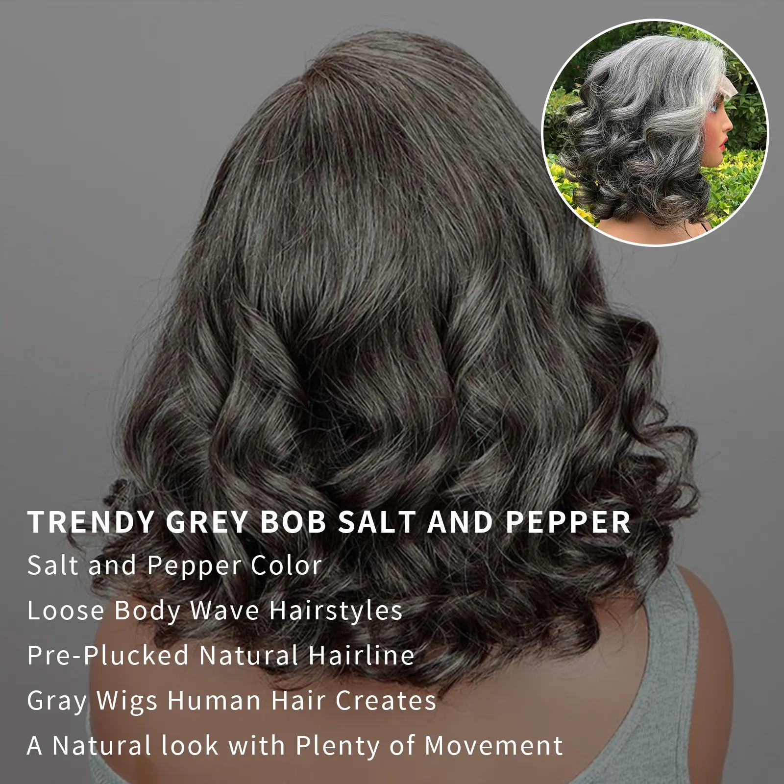 Salt and Pepper WigsGrey bob loose wave wigs Human Hair 6x6 Lace Front Wigs Human Hair Glueless Wigs Brazilian Virgin 14 inch