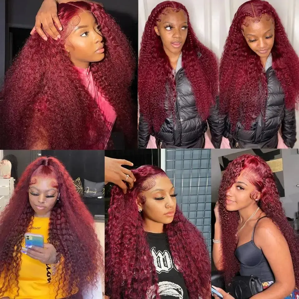 220 Density 99j Burgundy 30 40 Inch HD 13x6 Transparent Lace Front Wigs Colored Human Hair Preplucked Deep Wave Lace Frontal Wig