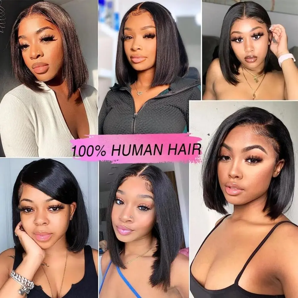 Natural Black Short Straight Bob Wigs Human Hair 180 Density HD Lace Front Wigs Bob Wigs Frontal Transparent Lace Pre Plucked