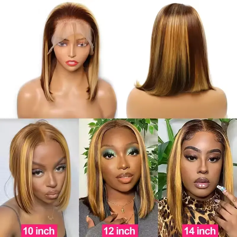 220% Highlight Bob Wigs 13x4 Lace Frontal 4/27 Colored Pre Plucked Brazilian Straight 100% Front Human Hair Wigs Ombre Short Bob