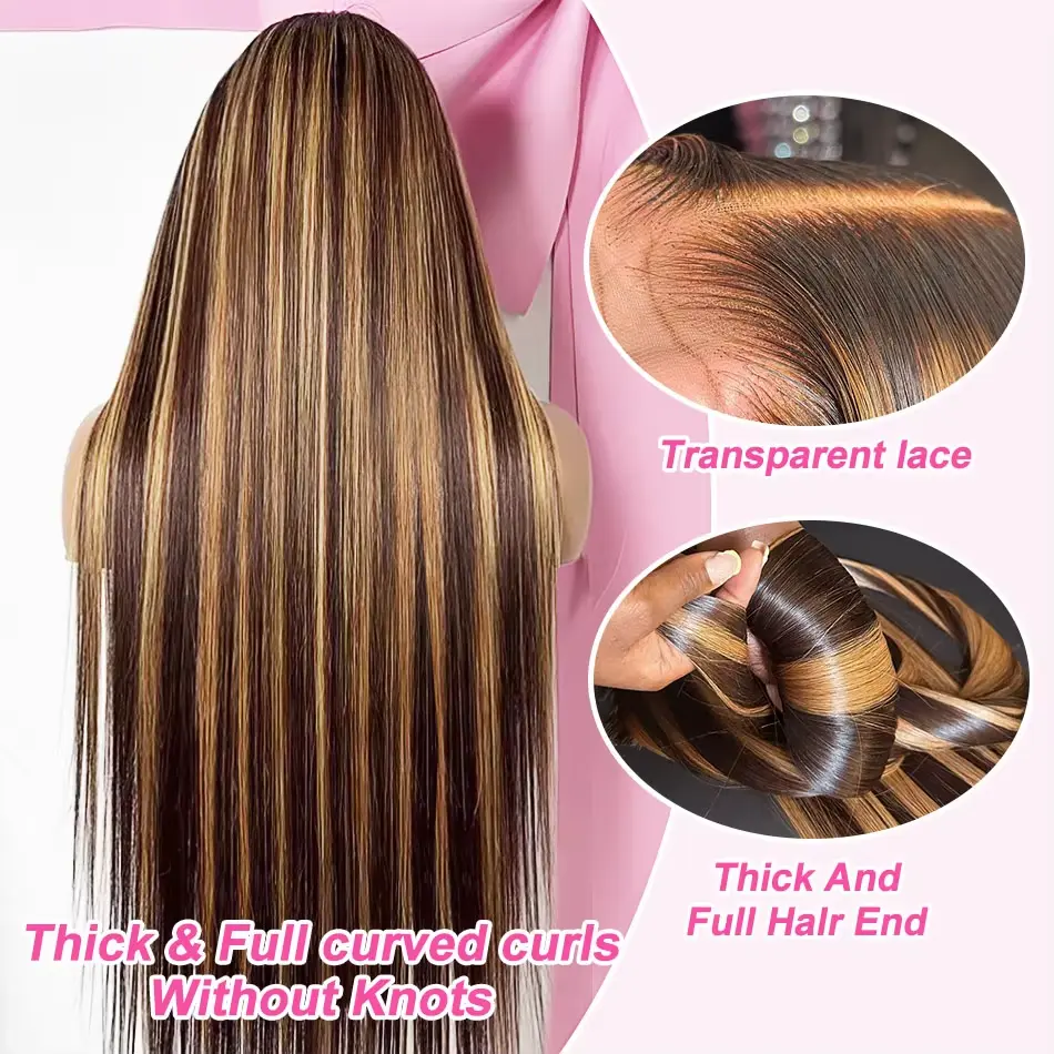 13x4 13x6 HD Transparent Lace Front Human Hair Wig 250% Density 30 40 Inch 4/27 Highlight Straight Lace Frontal Wigs Human Hair