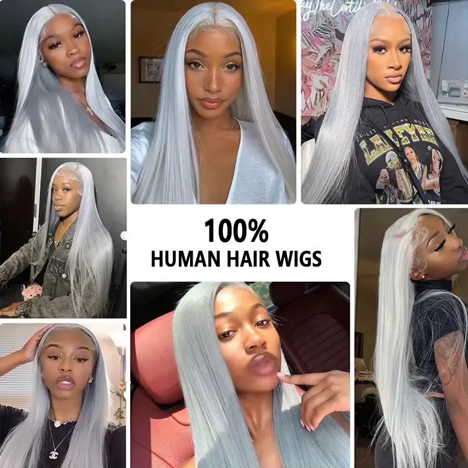 30Inch Silver Grey Straighr Human Hair Wig 13x6HD Transparent Lace Frontal Wigs Brazilian Lace Front Human Hair Wigs Pre Plucked