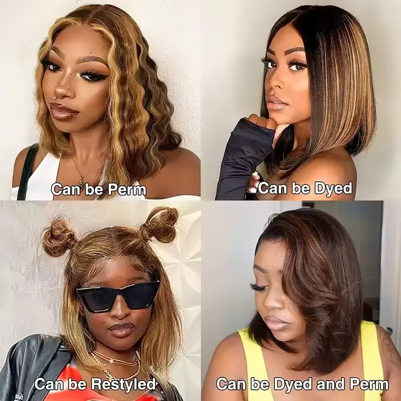 220% Highlight Bob Wigs 13x4 Lace Frontal 4/27 Colored Pre Plucked Brazilian Straight 100% Front Human Hair Wigs Ombre Short Bob