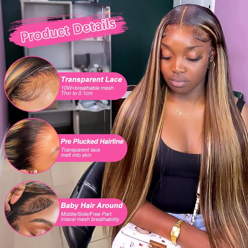 13x4 13x6 HD Transparent Lace Front Human Hair Wig 250% Density 30 40 Inch 4/27 Highlight Straight Lace Frontal Wigs Human Hair