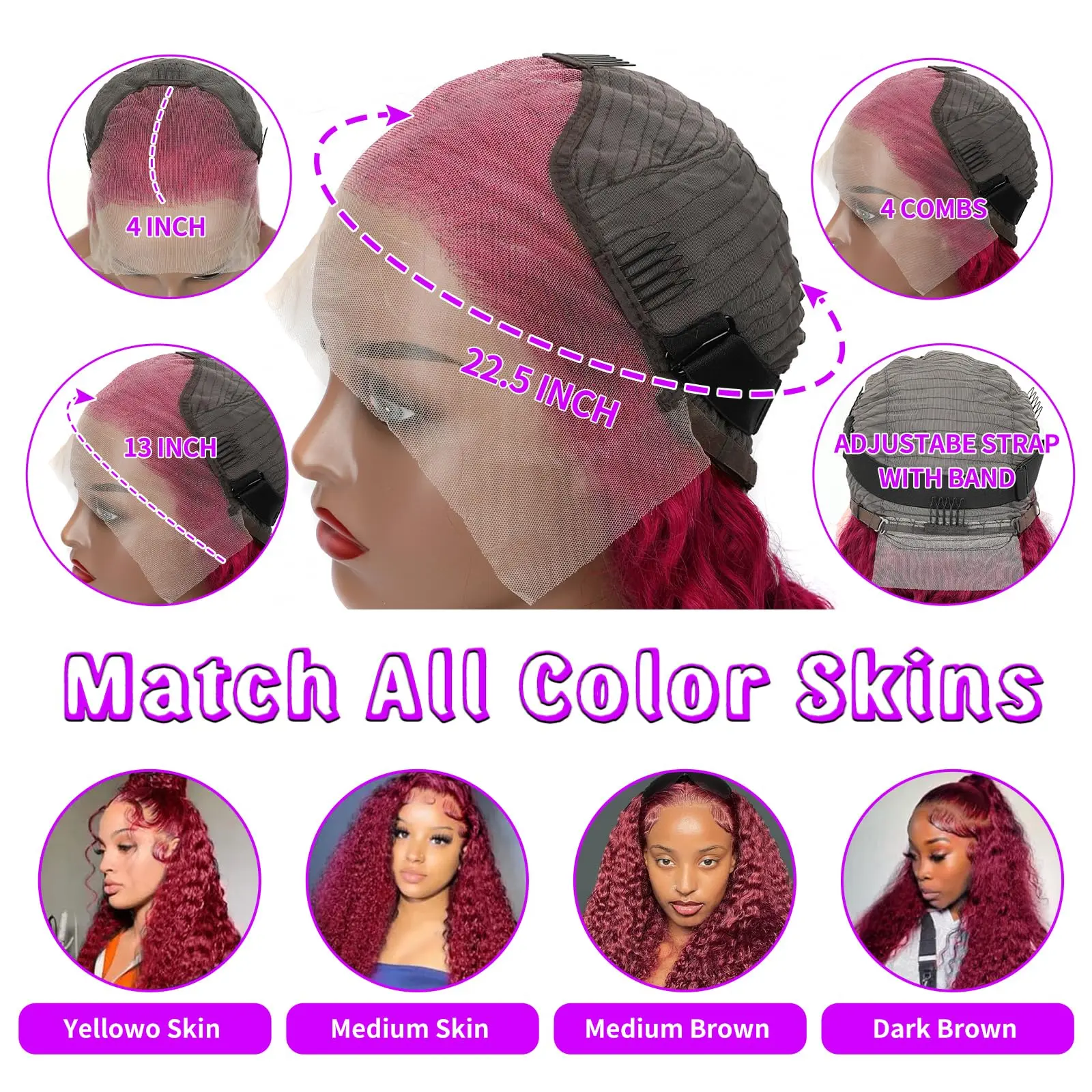 99J Burgundy Deep Wave Lace Front Wigs Human Hair13x4 Burgundy Wigs HD Transparent Lace Red Curly Lace Front Wig Human Hair