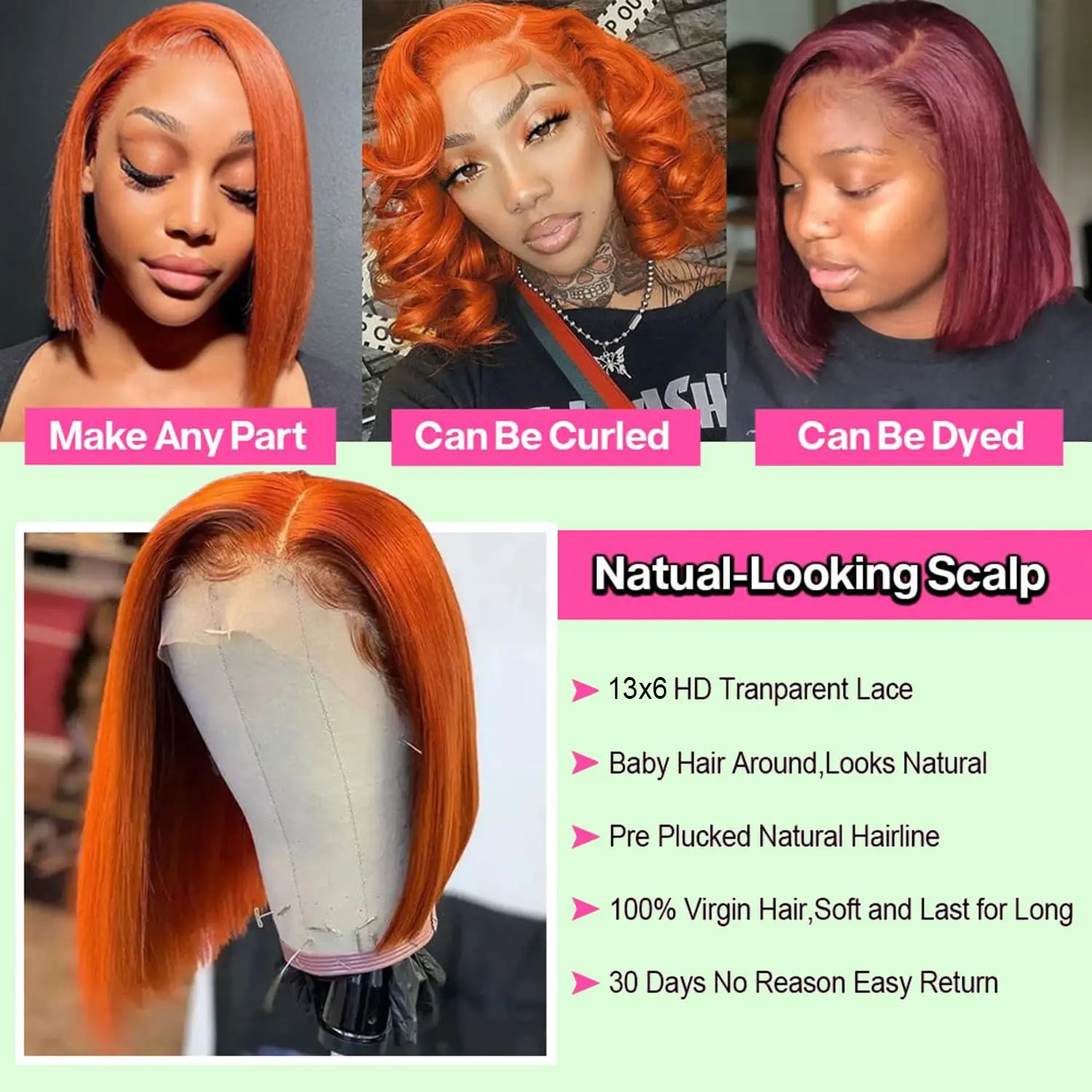 Short Bob Wig Ginger Orange Lace Front Human Hair Wigs 350 Brazilian 10-16 Inch Straight Bob 13x6 Hd Lace Frontal Wig For Women