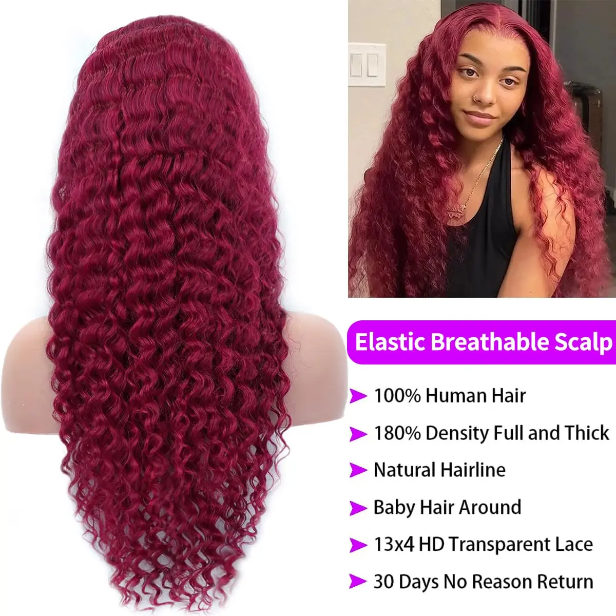 99J Burgundy Deep Wave Lace Front Wigs Human Hair13x4 Burgundy Wigs HD Transparent Lace Red Curly Lace Front Wig Human Hair