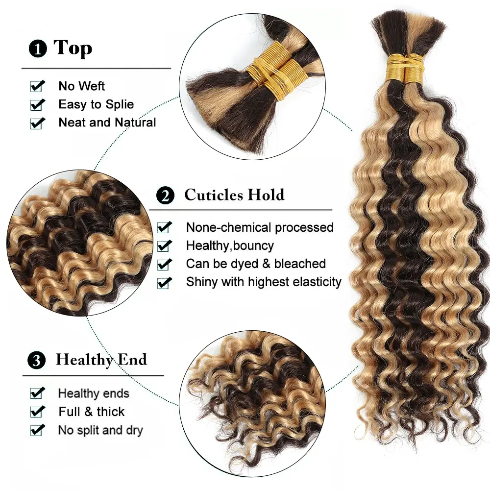 Human Braiding Hair 3 Bundle 20 Inch Human Hair Bundles for Braiding Highlight P4/27 Color Deep Wave Bulk Human Hair Bundles