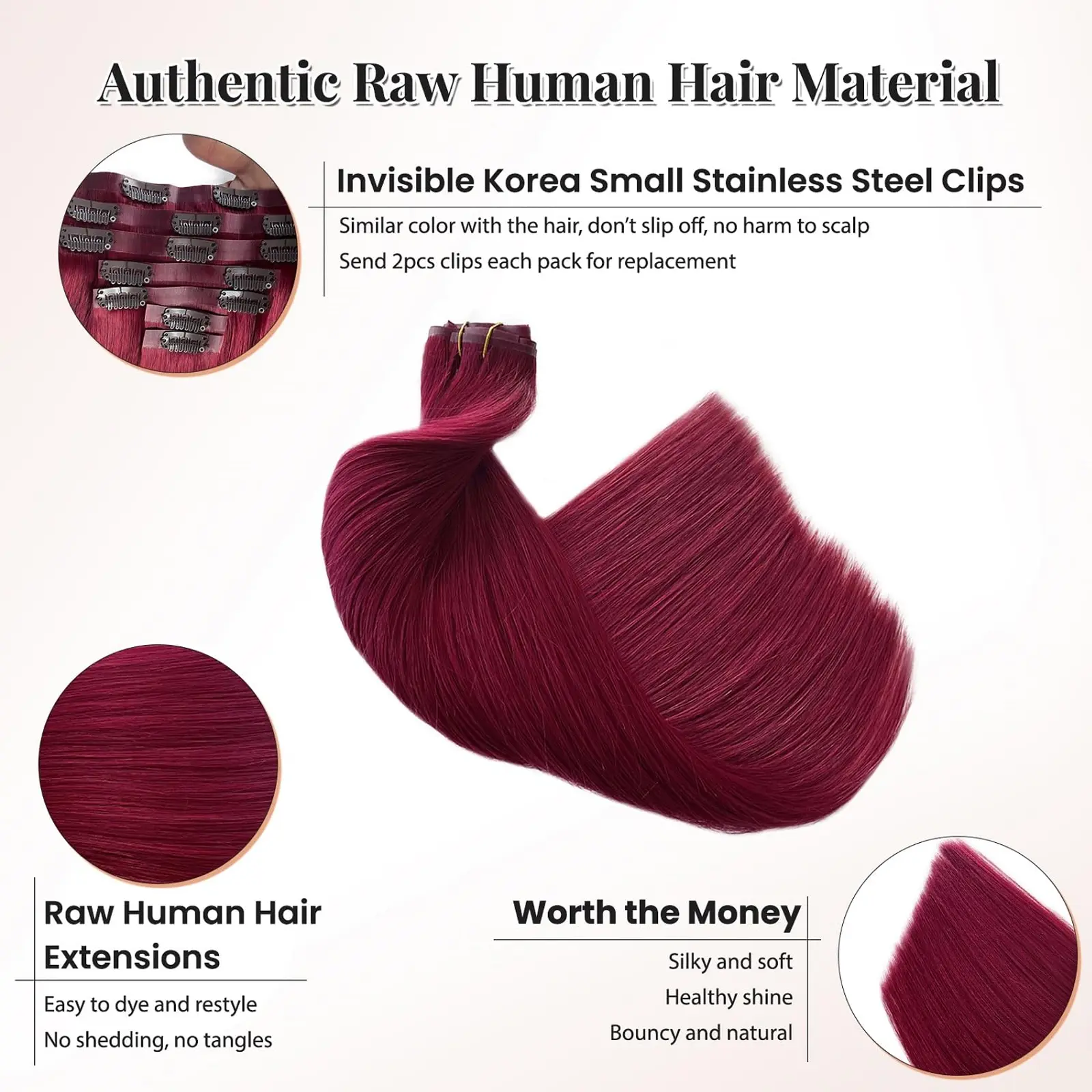 100% Real Hair Clip In Hair Extensions 8Pcs #99J Straight Lace Clip In Human Extensions Hair For Women