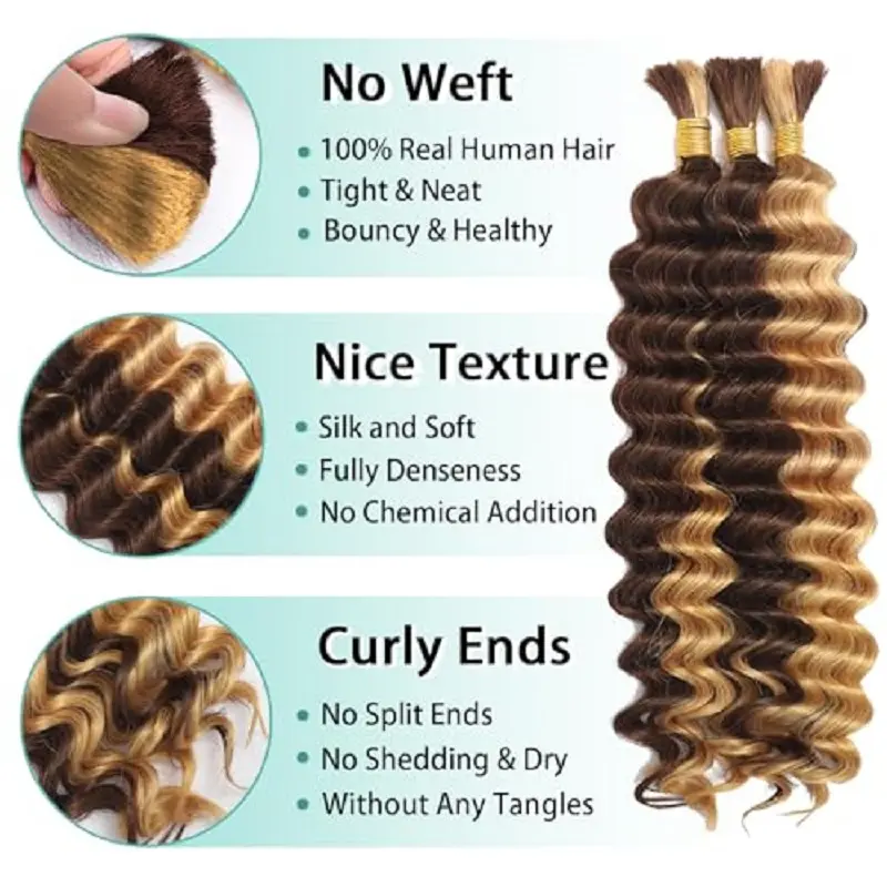Human Braiding Hair 3 Bundle 20 Inch Human Hair Bundles for Braiding Highlight P4/27 Color Deep Wave Bulk Human Hair Bundles